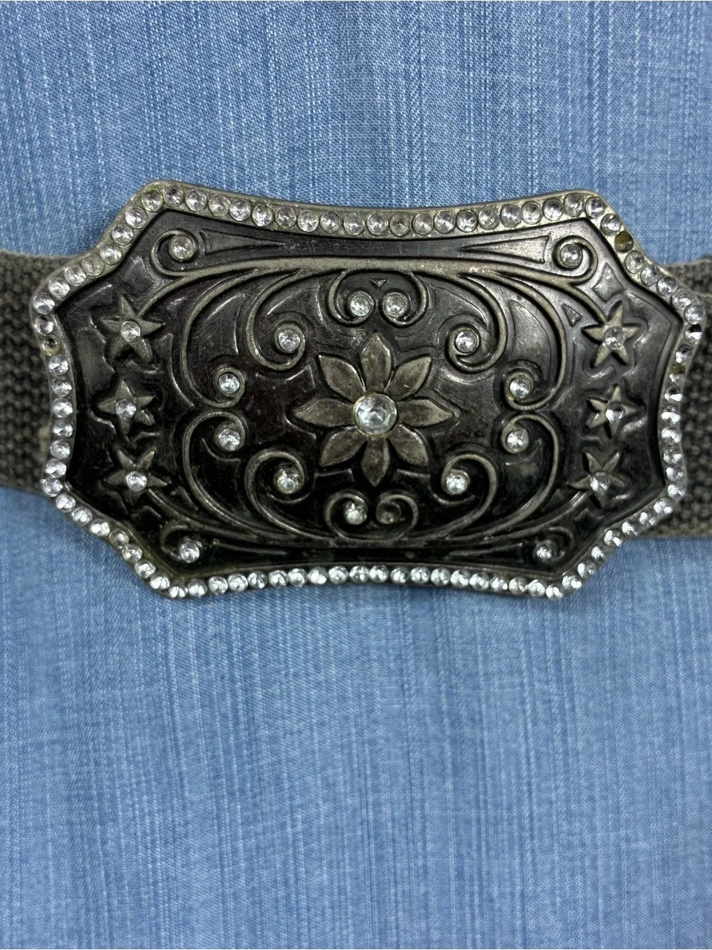 Womens belt 41” long floral buckle with rhinestones *some flaws, see all pics